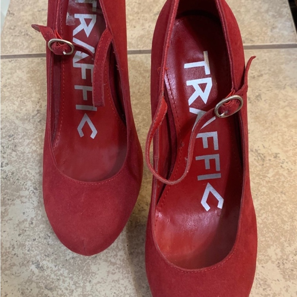 Women’s “Traffic” Red Suede 4” High Heels.. The pumps have Mary Jane straps